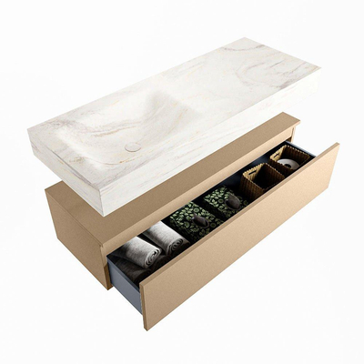Mondiaz ALAN-DLUX Ensemble de meuble - 120cm - meuble Oro mat - 1 tiroir - Lavabo Cloud Ostra suspendu - vasque Gauche - 1 trou de robinet