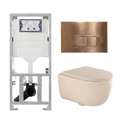 QeramiQ Dely Swirl Ensemble WC- 36.3x51.7cm - Réservoir encastré Geberit UP320 - Abattant de 35mm d'épaisseur - Plaque de commande en cuivre - Boutons rectangulaires - Beige