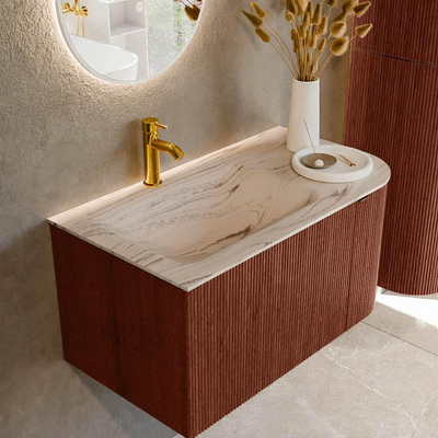 MONDIAZ KURVE-DLUX Meuble de salle de bains 85 cm arrondi à droite couleur Ruby avec 1 tiroir et 1 porte. Lavabo CLOUD à gauche 1 trou de robinet Nata.