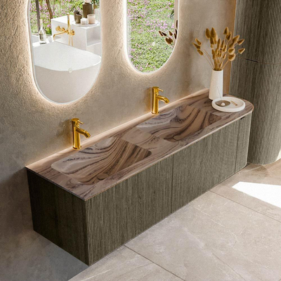 MONDIAZ KURVE-DLUX Meuble de salle de bains 155cm arrondi à droite couleur Shadow avec 2 tiroirs et 1 porte. Lavabo LEAF Double / À gauche 2 trous de robinet Sombra.