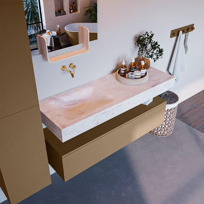 Mondiaz ALAN-DLUX Ensemble de meuble - 130cm - meuble Oro mat - 1 tiroir - Lavabo Cloud Ostra suspendu - vasque Gauche - 0 trous de robinet