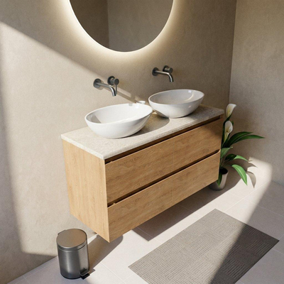 Saniclass Holz Pure Ensemble de meubles de salle de bains - 120x45x63cm - Plan de travail en pierre naturelle travertin - sans trou de robinet - 4 tiroirs - chêne natural mat (bois)