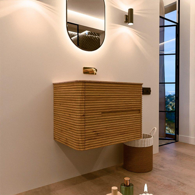 Mondiaz CIRO-DLUX Badkamermeubelset - 70x45x50cm - Solid surface wastafel Saba - 1 wasbak Midden - zonder kraangaten - 2 lades - Oak