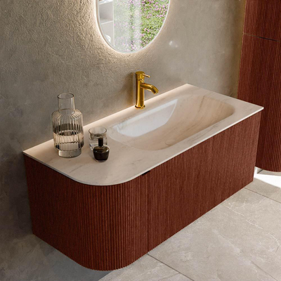 MONDIAZ KURVE-DLUX 105cm badmeubel ronding Links kleur Ruby met 1 lade en 1 deur. Wastafel BIG SMALL Rechts 1 kraangat Meli.