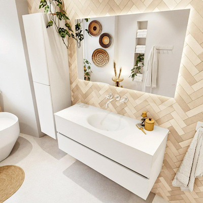 MONDIAZ VICA meuble sous lavabo 120cm Talc 2 tiroirs. Lavabo MOON central sans trou de robinet, couleur Talc.
