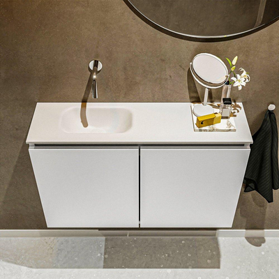MONDIAZ TURE Kit lave-mains - 80x23x50cm - 0 trous de robinet - 2 portes - talc mat - Lavabo à gauche - Solid Surface Blanc