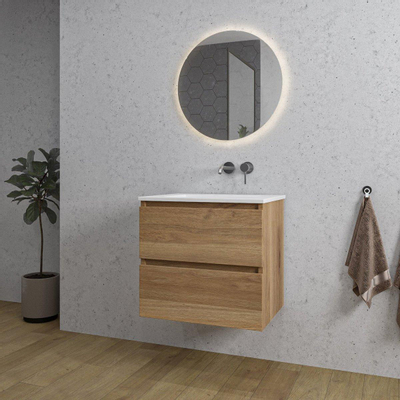 Saniclass Chaci Ensemble meuble de salle de bains - 60x46x55cm - lavabo en céramique blanc - 1 vasque - sans trou de robinet - 2 tiroirs - chêne