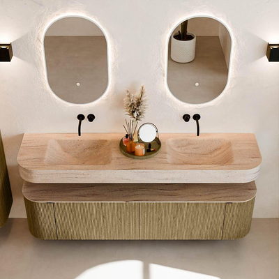 MONDIAZ THOR-DLUX 180cm meuble de salle de bains arrondi gauche + droite couleur Dusk avec 2 tiroirs et 2 portes. Vasque suspendue CLOUD Double sans trou de robinet couleur Saba.