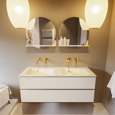 Mondiaz VICA-DLUX ensemble de meuble de salle de bain - 130cm - meuble sous-vasque lin - 2 tiroirs - lavabo encastrée cloud double - sans trous de robinet - version haute de 60cm - ostra