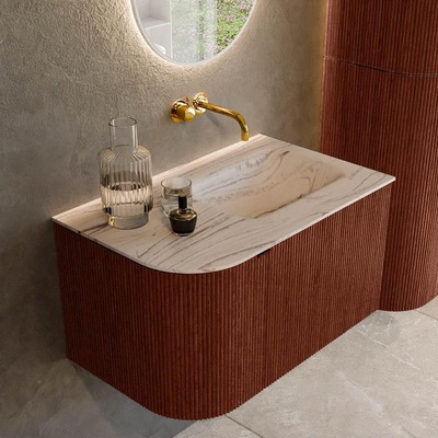MONDIAZ KURVE-DLUX 75cm badmeubel ronding Links kleur Ruby met 1 lade en 1 deur. Wastafel GRUNNE Rechts zonder kraangat Nata.
