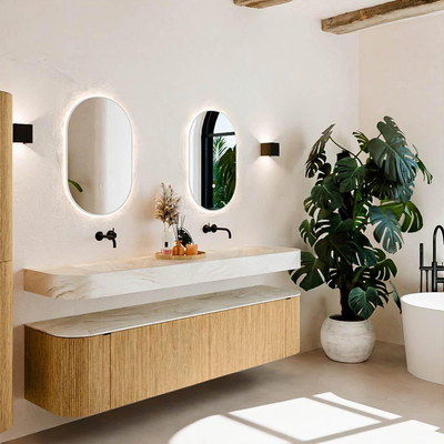 MONDIAZ THOR-DLUX Meuble de salle de bains - 190cm - arrondi gauche + droite - couleur Oak - 2 tiroirs et 2 portes - Vasque suspendue CLOUD Double sans trou de robinet - couleur Ostra