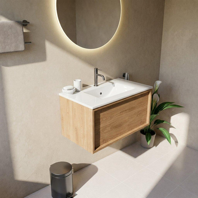 Saniclass Holz Frame Ensemble de meuble de salle de bains - 80x45x42cm - lavabo Vygo en céramique blanc - 1 vasque - 1 trou de robinet - 1 tiroir - chêne naturel mat (bois)