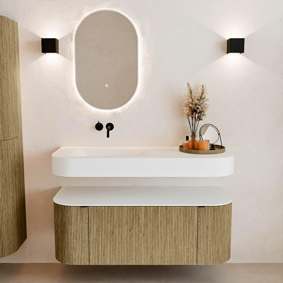 MONDIAZ THOR 120cm meuble de salle de bains arrondi gauche + droite couleur Dusk avec 1 tiroir et 2 portes. Vasque suspendue CLOUD Gauche sans trou de robinet couleur Talc.