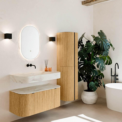 MONDIAZ THOR-DLUX 100cm badmeubel ronding links + rechts kleur Oak met 1 lade en 2 deuren. Vrijhangende wastafel CLOUD Midden zonder kraangat kleur Ostra.