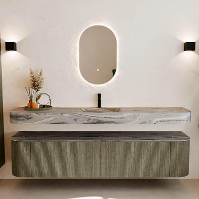 MONDIAZ THOR-DLUX 200cm meuble de salle de bains arrondi gauche + droite couleur Shadow avec 2 tiroirs et 2 portes. Vasque suspendue CLOUD Milieu 1 trou de robinet couleur Sombra.