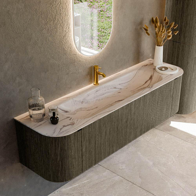 MONDIAZ KURVE-DLUX Meuble de salle de bains 170cm arrondi gauche + droite couleur Shadow avec 1 tiroir et 2 portes. Lavabo BIG LARGE central 1 trou de robinet Nata.