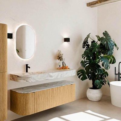 MONDIAZ THOR-DLUX 150cm meuble de salle de bains arrondi gauche + droite couleur Chêne avec 1 tiroir et 2 portes. Vasque suspendue CLOUD Gauche 1 trou de robinet couleur Glace.