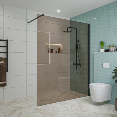 FugaFlow Eccelente Vetro douche à l'italienne salle de bain - 160x200cm - verre fumé - bras mural - noir mat