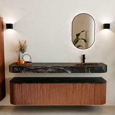 MONDIAZ THOR-DLUX 180cm meuble de salle de bains arrondi gauche + droite couleur Ruby avec 2 tiroirs et 2 portes. Vasque suspendue CLOUD Droite 1 trou de robinet couleur Lava.