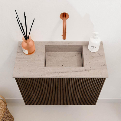 Mondiaz JOYA-DLUX 50cm toiletmeubel - kleur Walnut - Wastafel FAYE positie Rechts Zonder kraangat kleur Saba.