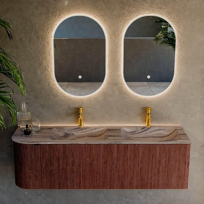 MONDIAZ KURVE-DLUX Meuble de salle de bains 145cm arrondi à gauche couleur Ruby avec 1 tiroir et 1 porte. Lavabo LEAF Double / Droite 2 trous de robinet Sombra.