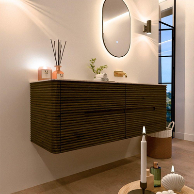 Mondiaz CIRO-DLUX Meuble de salle de bains - 140x45x50cm - Plan de toilette en solid surface Nata - 1 vasque à droite - sans trous de robinet - 4 tiroirs - Shadow