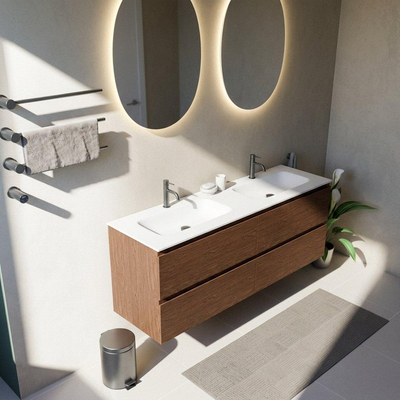 Saniclass Holz Pure Ensemble de meubles de salle de bains - 160x45x61.5cm - Flow vasque en Solid Surface blanc - 2 vasques - 2 trous de robinet - 4 tiroirs - mat walnut pure (bois)