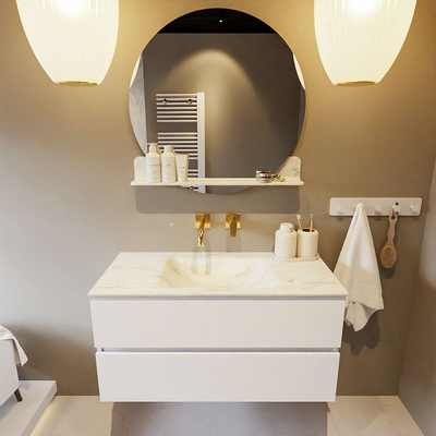 MONDIAZ VICA-DLUX Ensemble meuble de salle de bains - 100cm - meuble bas talc - 2 tiroirs - lavabo encastré cloud central - sans trous de robinet - version haute 60cm - opalo