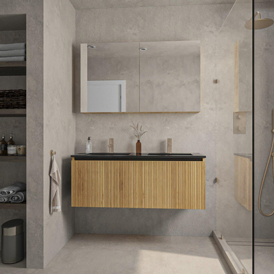 Saniclass Holz Base Badkamermeubelset - 120cm - 2 keramische wasbakken zwart - 2 kraangaten - 1 lade - Spiegelkast - eiken SHOWROOMMODEL