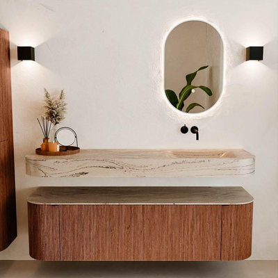 MONDIAZ THOR-DLUX 160cm meuble de salle de bains arrondi gauche + droite couleur Ruby avec 1 tiroir et 2 portes. Vasque suspendue CLOUD droite sans trou de robinet couleur Arena.