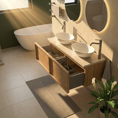 Saniclass Holz Frame Ensemble de meubles de salle de bains - 140x45x43cm - Plan de travail en pierre naturelle travertin - 2 trous de robinetterie - 2 tiroirs - chêne natural mat (bois)