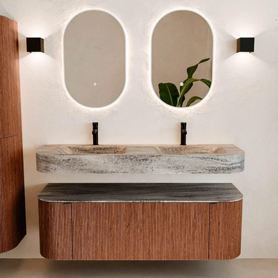 MONDIAZ THOR-DLUX 140cm meuble de salle de bains arrondi gauche + droite couleur Ruby avec 1 tiroir et 2 portes. Vasque suspendue CLOUD Double 2 trous de robinet couleur Oza.