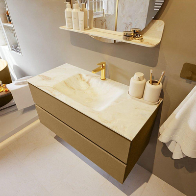 Mondiaz VICA-DLUX Ensemble de meuble de salle de bain - 100cm - meuble sous-vasque oro - 2 tiroirs - lavabo encastré cloud milieu - 1 trou de robinet - version haute de 60cm - frape