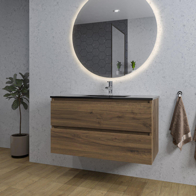 Adema Chaci Meuble salle de bain - 100x46x57cm - 1 vasque en céramique noire - 1 trou de robinet - 2 tiroirs - miroir rond avec éclairage - noix