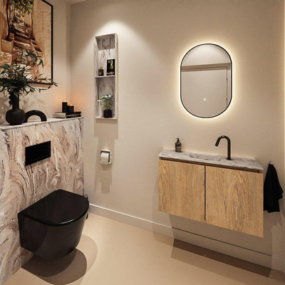 MONDIAZ TURE-DLUX Meuble toilette - 80cm - Washed Oak - EDEN - vasque Glace - position centrale - 1 trou de robinet