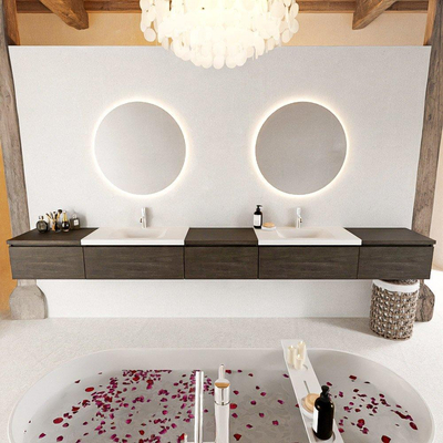 MONDIAZ BUKLA 340cm meuble de salle de bains avec module 60 couleur Dark Brown avec 5 tiroirs. Lavabo CLOUD double 2 trous de robinet couleur Talc.