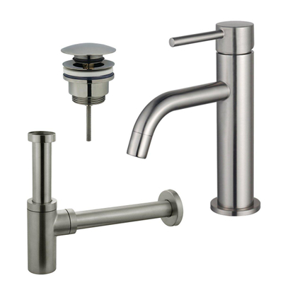 Fortifura Calvi Slim wastafelkraanset - opbouw - laag - met klikwaste - PVD - geborsteld rvs