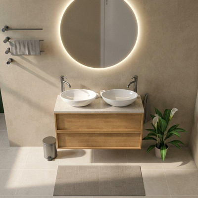 Saniclass Holz Frame Ensemble meuble de salle de bains - 120x45x63cm - Plan de travail en pierre naturelle travertin - 2 trous de robinetterie - 2 tiroirs - chêne natural mat (bois)