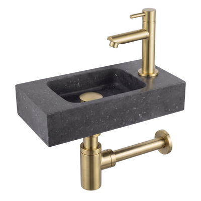 Fortifura Fuente pack lave-mains – rectangulaire – 40 x 22 x 9 cm – pierre naturelle noire – robinet doré mat