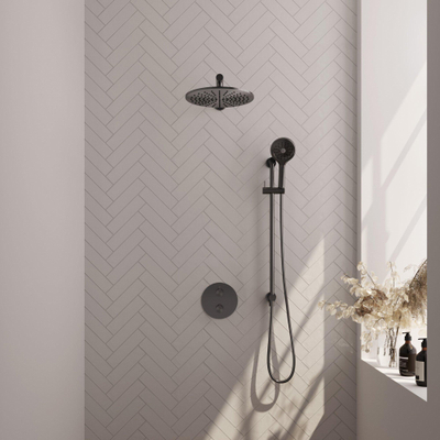 BRAUER Gunmetal Edition douche de pluie encastrée thermostatique - 3 voies - ronde - set 92 - douche de tête 30cm - bras mural droit - douchette à main 3 jets - flexible de douche - barre de douche intégrée - gunmetal brossé PVD