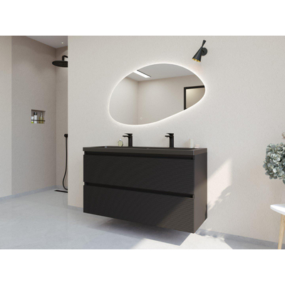 HR badmeubelen Infinity XXL 3D Ensemble de meuble de salle de bains - 120 cm - 1 lavabo en céramique djazz noir mat - 2 trous de robinet - 2 tiroirs - noir mat