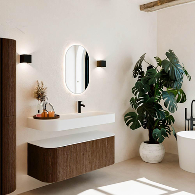 MONDIAZ THOR 120cm meuble de salle de bains arrondi gauche + droite couleur Walnut avec 1 tiroir et 2 portes. Vasque suspendue CLOUD droite 1 trou de robinet couleur Talc.