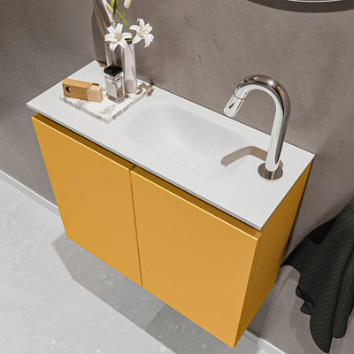 MONDIAZ TURE Fonteinset - 60x23x50cm - 1 kraangat - 2 deuren - ocher mat - Wasbak rechts - Solid Surface Wit