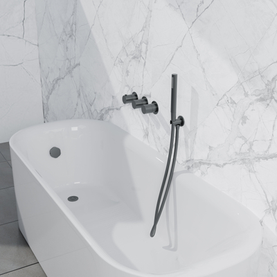 Fortifura Nebbio Badcombinatie-set - thermostaatkraan - wandaansluitbocht met handdouchehouder - gladde doucheslang - staaf handdouche - badvulcombinatie - geborsteld gunmetal PVD