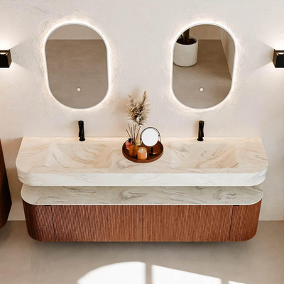 MONDIAZ THOR-DLUX Meuble de salle de bains - 190cm - arrondi gauche + droite - couleur Ruby - 2 tiroirs et 2 portes - Lavabo suspendu CLOUD Double 2 trous de robinet - couleur Ostra