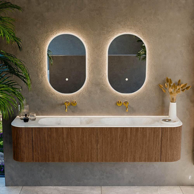 MONDIAZ KURVE-DLUX 190cm Meuble salle de bain avec module 25 G et D - couleur Walnut - 2 tiroirs - 2 portes - vasque STOR SMALL double - sans trou de robinet - couleur Opalo