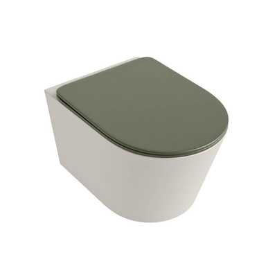 Mondiaz LAVIE hangtoilet – spoelrandloos – 36 x 53 cm – met softclose zitting – Linen (offwhite), zitting Army (groen)