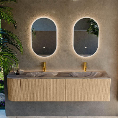 MONDIAZ KURVE-DLUX 175cm meuble de salle de bains courbe gauche couleur Oak avec 2 tiroirs et 1 porte. Lavabo STOR SMALL Double / Droite 2 trous de robinet Sombra.