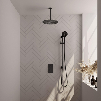 Brauer Black Carving Ensemble de douche de pluie encastré - pomme de douche 30 cm - 2 fonctions - barre de douche - avec partie encastrée - douchette ronde 3 jets - noir mat