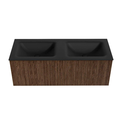 MONDIAZ KURVE 120cm Meuble salle de bain - couleur Walnut - 1 tiroir - vasque CLOUD double - sans trous de robinet - Urban